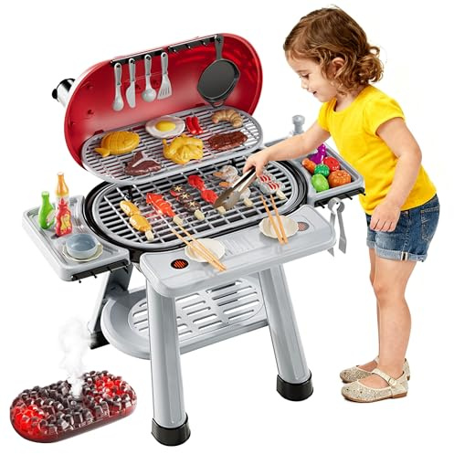 CATCHLUCK Kids BBQ Grill Playset, Toy Grill Cooking Set with Sound, Lights & Spray, Play Grill Included Cookware, Kids Kitchen Toy Accessories, Play Food, Indoor Outdoor Kitchen Playset