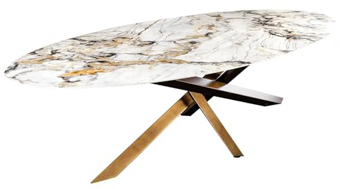 Riess Ambiente Ovaler Esstisch Sculpture 280cm - weiß grau Gold Aurora ORO - Keramik Naturstein-Design Bronze Metall Esszimmer Tisch