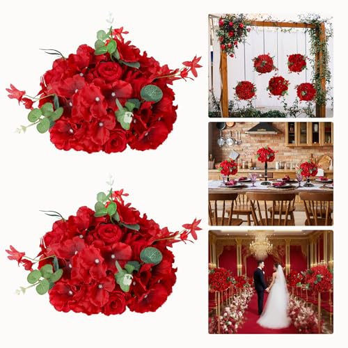 QinmiGarden Boule de Fleur Artificielle - Rose Rouge - Fleurs d'hortensia en Soie - Demi-Boule - Décoration de Table pour fête, Maison, événement (2, Type B)