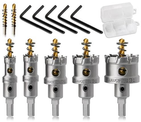 Josaton TCT Carbide Hole Cutter Set for Hard Metal, 16mm 20mm 30mm 35mm 45mm Hole Saw with Titanium-Plated Pilot Drill Bit for Stainless Steel, Iron, Aluminium, Plastics (5Pcs)