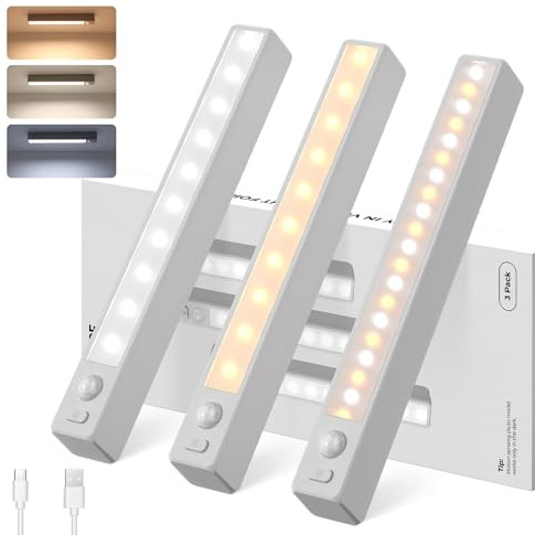 JVURICE Schrankbeleuchtung LED Bewegungssensor, 18 cm Kompakt Treppenlicht, 7000/4500/3000 K Farbtemperatur, Helligkeitsregelung, Magnetlampe, USB-C Aufladbar für Schubladen, Vitrinen(3er Pack)
