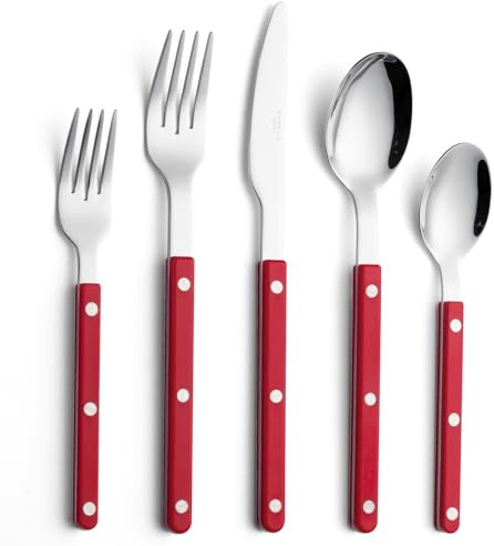 ANNOVA Ensemble de couverts, rétro/rivets, manches colorés, couverts de table en acier inoxydable, ensemble d'ustensiles de cuisine (Rouge, 10 Pièces)