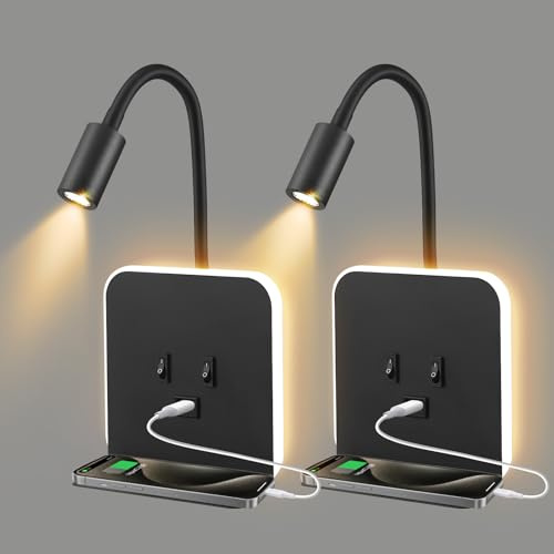 2pcs Appliques LED de Lecture, Lampe de Chevet à Col de Cygne, Applique Murale Réglable, Lampe de Lecture 3 en 1 avec Port de Charge USB, Support pour Téléphone Portable(Lumière Chaude 3W+9W)(Noir)