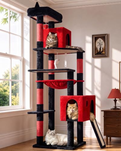 Globlazer Árbol Rascador Gótico Negro Rojo Alto 178 cm con Hamaca, Grande Nidos, Plataformas, Tabla Rascar Sisal, Peluche Juguetes, Estable Torre Esquina para Gatos Adulto Interior (F70 Pro, Gótico)