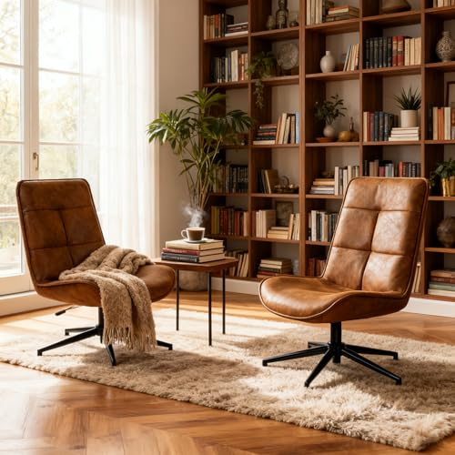 MEUBLE COSY Lounge Chair Swivel Set of 2, Modern Recliner with Adjustable Backrest, Living Room Armchair Height Adjustable, Soft Suede, Metal Legs, Brown