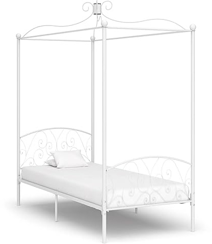 QJBSAVVA Himmelbett-Gestell Weiß Metall 100x200cm mit Vorhang-Oberrahmen, Robustes Jugendbett für Schlafzimmer Gästezimmer, Klassisches Tagesbett für Einzelmatratze