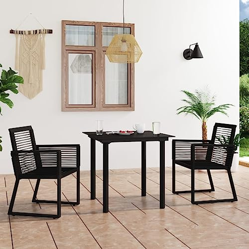 QJBSAVVA 3-TLG. Garten-Essgruppe Schwarz 80 x 80 x 74 cm aus wetterfestem PVC-Rattan mit Glasplatte und 2 stabilen Sesseln für Balkon, Terrasse und kleine Outdoor-Sitzecke