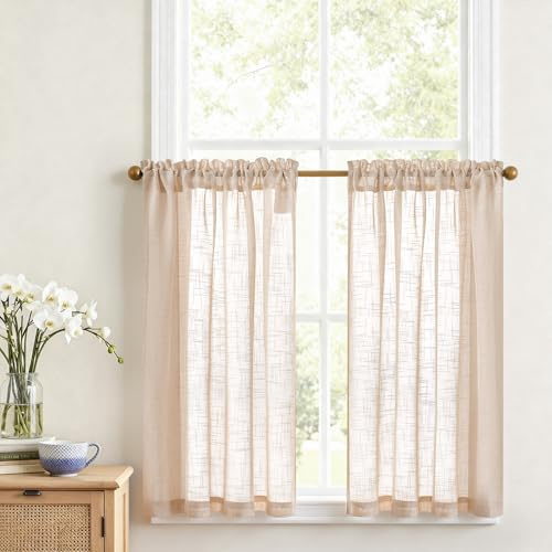 Vangao Scheibengardinen Küche Voile Bistrogardine 2er Set 90B x 90Hcm Taupe | Bistro Gardinen Kurz Modern mit Stangendurchzug, Halbtransparent Landhausstil Kurzstores für Wohnzimmer Wohnwagen Fenster