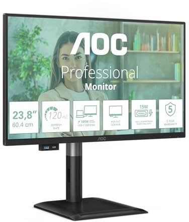 AOC 24P4CV Monitor 24 Pulgadas 120Hz Panel IPS, 4ms GtG, HDR Mode, Adaptive Sync, Altavoces, Altura Ajustable, (1920x1080 HDMI 1x 1.4 DP 1x 1.4 USB Hub) Negro