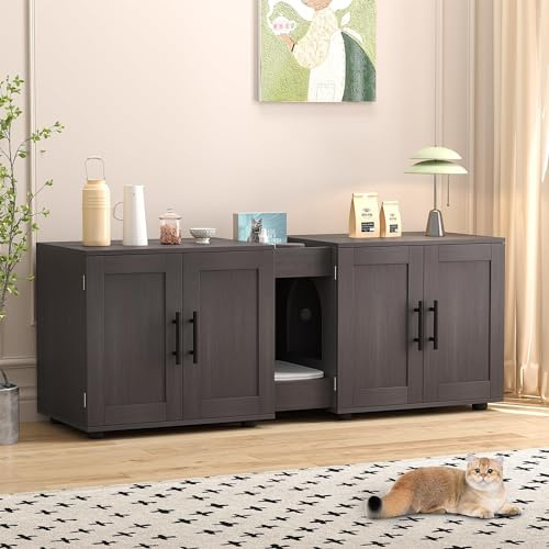 Katzenschrank, Katzenklo Schrank für 2 Katzen, Versteckter Katzentoilettenschrank, Katzenhaus mit 4 Türen & Kratzbrett & Eingang für den Innenbereich, 140x45x53cm, Schwarz