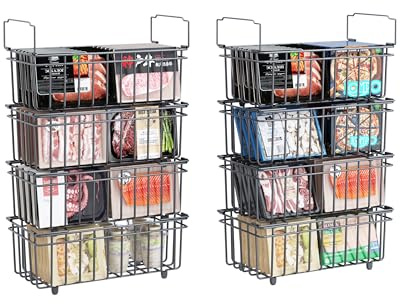 UMDONX Set de 8 Cestas para Congelador Negras – Apilables con Asa, Fácil Acceso – Organizador para Congelador de 198L – Almacena y Ordena Alimentos Congelados – Medidas 37x18x15cm