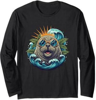 Cool Sunglasses Seal Wave Sunrise Tropical Beach Ocean Long Sleeve T-Shirt