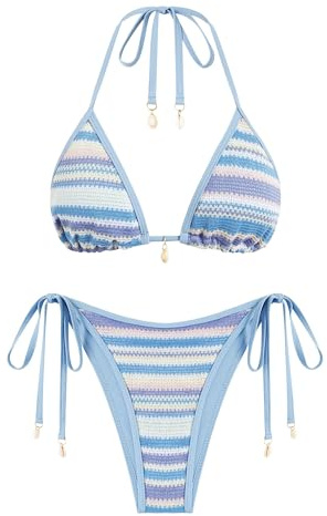 ZAFUL Damen Halter Trangle Bikini Set Cute Woven Texture Sexy Tie-Side Brazilian Style Zweiteiler Badeanzug Bademode