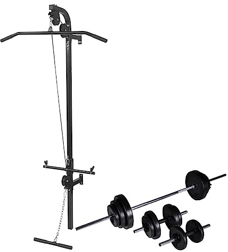 Ordellia Estación de fitness para montaje en pared, entrenamiento de fuerza con cable y barra de poleas, juego de mancuernas de 30,5 kg, acero, capacidad de carga de 120 kg, Homegym para el desarrollo