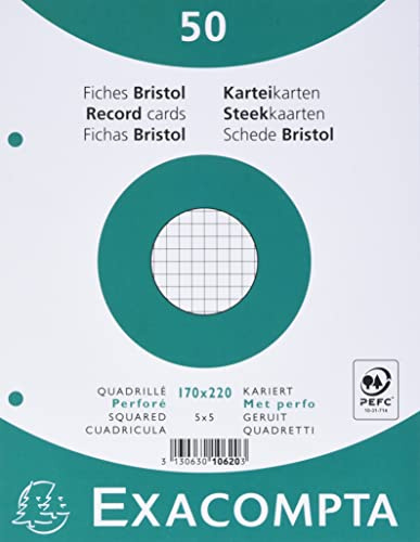 Exacompta Bristol Karteikarten, kariert, 100 Stück Quadriert und gelocht 170 x 220 mm weiß