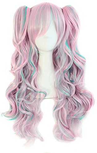 MapofBeauty Lange Lockige 2 Pferdeschwanz Lolita Perücke, Rosa/Blau | Farbige, Cosplay