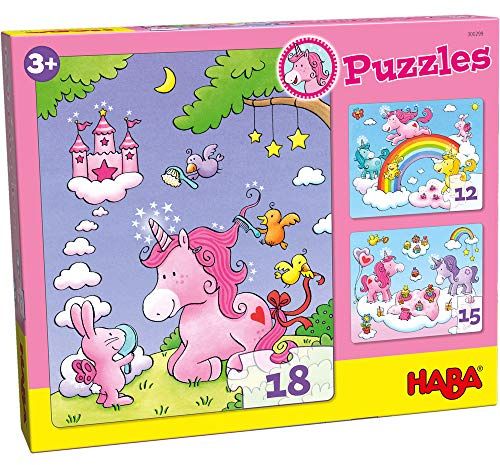 HABA Puzzles Einhorn Glitzerglück – 3 Zauberhafte Glitzerpuzzles mit Einhornmotiven, jeweils 12, 15 & 18 Teile – Fördert Motorik & Konzentration ab 3 Jahren – 1300299001