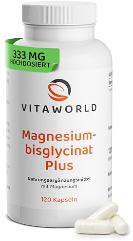 Magnesiumbisglycinat Plus – Magnesium Bisglycinat hochdosiert 333mg pro Tag (120 vegane Kapseln) – für Nerven, Muskeln & Psyche – gut verträglich & bioverfügbar – ohne Zusätze, glutenfrei – vitaworld
