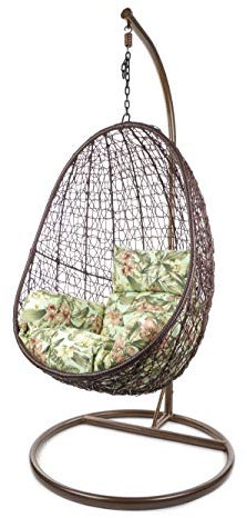 Kideo Komplettset: Hängesessel mit Gestell & Kissen, Korbsessel, Poly-Rattan (Gestell- und Korbfarbe: braun, Kissen: Blumenmuster Nest (5101_Tropical_Garden))
