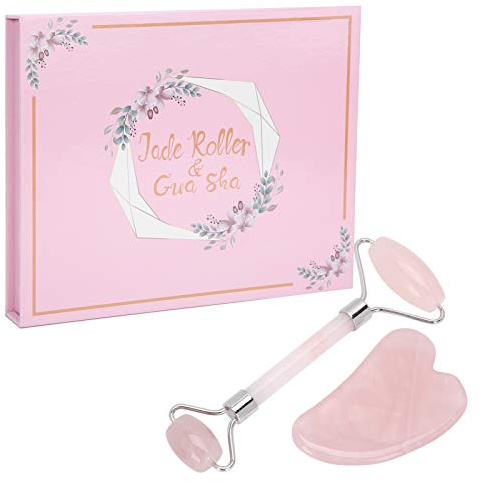 Natürliches Rosenquarz-Jade-Gesicht und Gua Sha-Roller, Jade-Roller-Roller-Gesichtsmassagegerät für Hautaugenhals, Jade-Gesichtsmassagegerät und Gua Sha-Set(Silber-)