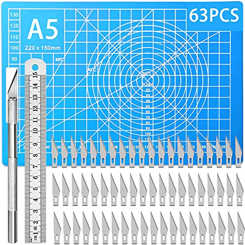 Zariocy 63 PCS Sculpture cutter précision Knife Couteau Lames Hobby Set, 60 Sculpture Lames, 1steel Règle, 1 Scalpel, 1 tapis de découpe, pour Illustration DIY, de Coupe, Arts Bricolage Modèles