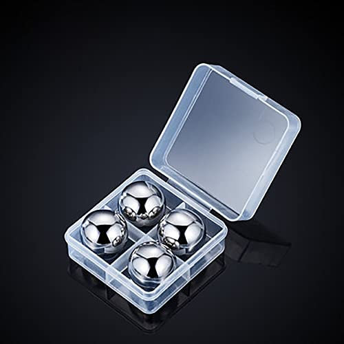 FGYZYP 4 Stück Edelstahl-Whisky-Steine, wiederverwendbare Metall-Eiswürfel, wiedergefrierbar, runde Kühlsteine, Weinkühler mit Aufbewahrungsbox, Kühlkugel für Getränke, Bar, Bier