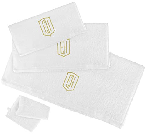 Herz & Heim® Handtuch-Set in Weiß, 4-teilig, Baumwolle 500 g/m², mit Initialen Bestickt Stickfarbe: Gold