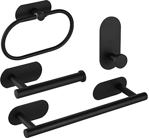 NIMOSA 4-teiliges Badezimmer-Zubehör-Set, an der Wand befestigter Handtuchring, Edelstahl-Handtuchhalter, Toilettenpapierhalter, Hardware-Papierhalter, Ringhalter und Selbstklebende Haken,Schwarz