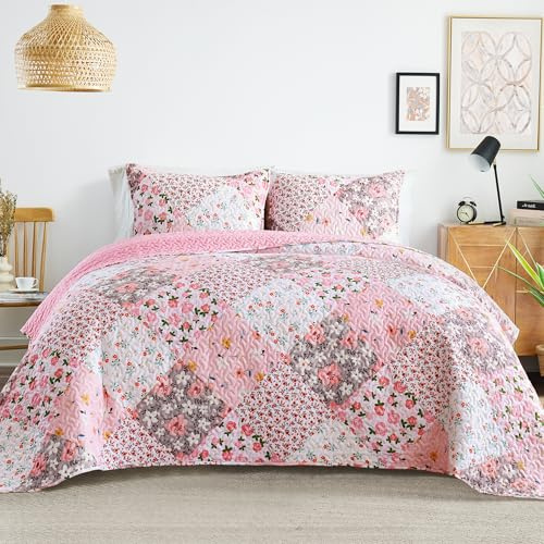 Whale Flotilla Reversible Patchwork Quilts King Size, Lightweight Boho Printed Bedspreads Coverlets Quilt Bedding Set with 2 Pillow Shams for All Seasons, Pink