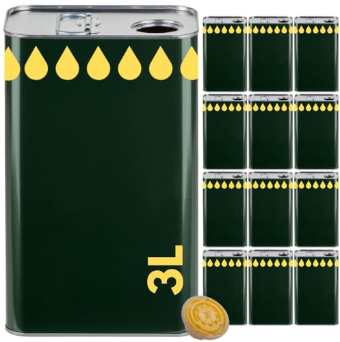 acquaverde | 12 Lattina per Olio di Oliva, Verde con Litografia Gocce Oro, in Metallo, Contenitore Alimentare, Latta da 3 Litri con Tappo Ermetico e Maniglia