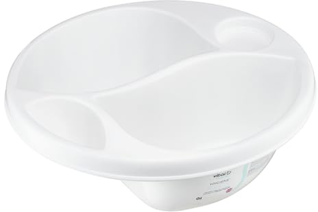 Vital Baby Perfectly Simple Top & Tail Bowl, Everyday Basic Top & Tail Bowl for Baby's Baths, 2 Seperate Areas for Top and Tail Sponges, Ergonomic Design, Lightweight & Portable, 0m+, White