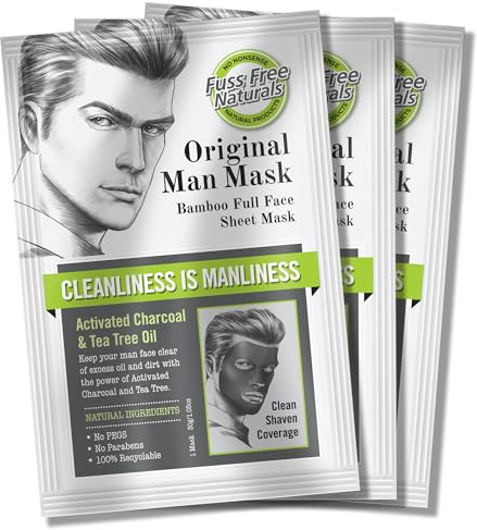 Fuss Free Naturals Masque facial en tissu pour homme avec barbe + poils du visage, masque en bambou pour homme - Nettoyage et désintoxication avec arbre à thé + charbon actif - Lot de 3 sachets