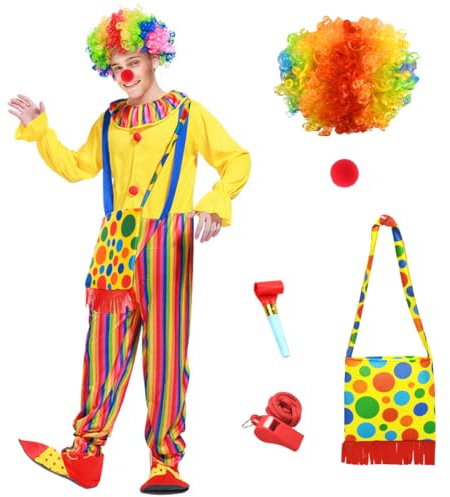 Clown-Kostüm für Erwachsene, Clown-Kostüm mit Clown-Perücke, Nase, Tasche, Pfeifen und Trompeten, Clown-Kleidung, Zubehör für Zirkus-Clown für Herren Damen Karneval Halloween Party Cosplay
