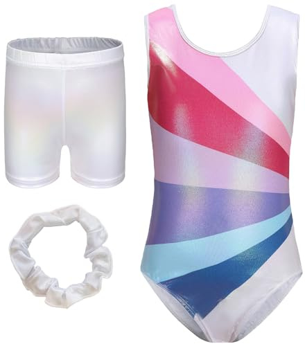 FEOYA Gymnastikdräkt för flickor, långärmad gymnastikdräkt, balett, barn, gymnastikshorts, hårband, set, gymnastik, ärmlös, dans, kläder, träning, danskläder, gymnastikbody 6–12 år, Vit 1, 12 År