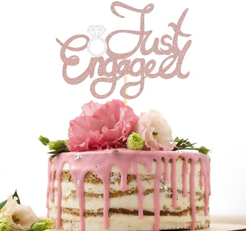Sotpot Just Engaged Cake Topper Rose Gold Glitter 1pack Cake Pick for Engagement Bridal Wedding Party Decorations