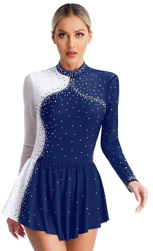 iEFiEL Damen Langarm Eiskunstlauf Kleid Patchwork Kürkleid Kurz Tanzanzug Trikotanzug Tanzbody Glänzende Tanzkostüm