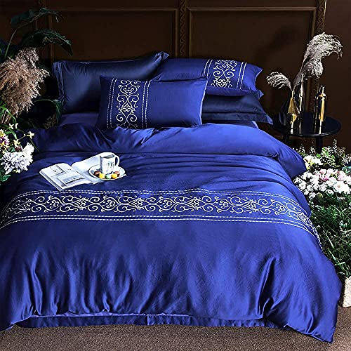 Bettwäsche-Set Baumwoll-Doppelbettwäsche-Set Weiß, Seiden-Bettwäsche-Set King Size, Doppel-Bettwäsche-Set Seidenbettwäsche-Set King Size Baumwoll-Doppelbett Twin-Seidensatin-Stickerei (Blaue Königin)