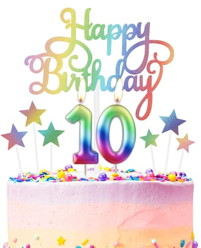 Geburtstagskerze 10 in Regenbogenfarben, Metallic-Regenbogen-Kerzen, Kuchendekoration, Happy 10th Birthday