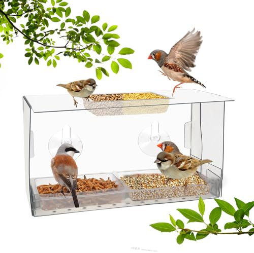 WDKXCN Window Bird Feeder, Bird Feeder Window with Strong Suction Cups Removable, Bird Window Feeder with Seed Tray and Drainage Hole, Clear Bird Feeder for Window Fits for Outside Garden Birds