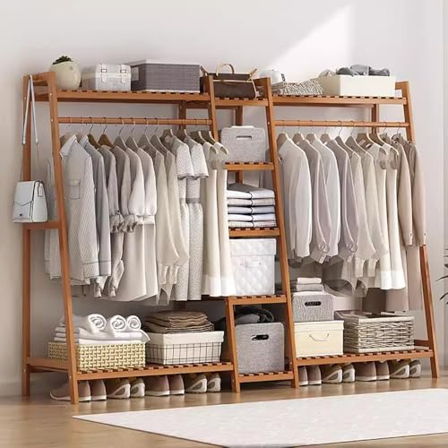 angrounps Kleiderständer Bambus, Multifunktionale Garderobenständer mit Ablagen, Wäscheständer mit 2 Kleiderstange, Garderobe für Flur Wohnzimmer und Büro, 130x40x140cm(Natur)