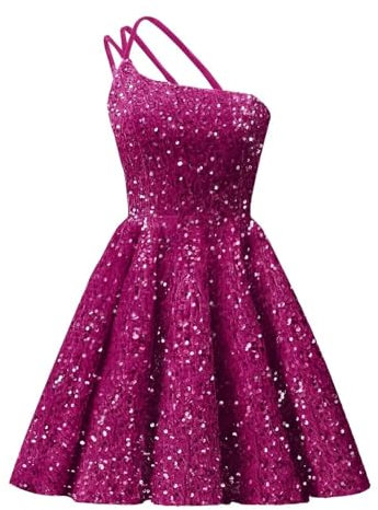 HPPEE Vestido corto de fiesta con un hombro descubierto para adolescentes, sin mangas, con cremallera y lentejuelas, vestido corto de baile, fucsia, 34