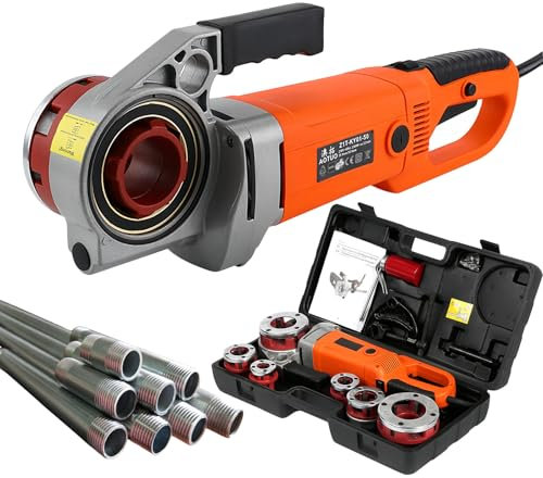 SAIYERUS Roscadora de Tubos Eléctrica de 2300 W con Trinquete y Juego de 6 Terrajas de 1/2 a 2 + Varilla Fija + Abrazadera de Tubo + Cepillo de Carbón + Lata de Aceite, Máquina Roscadora