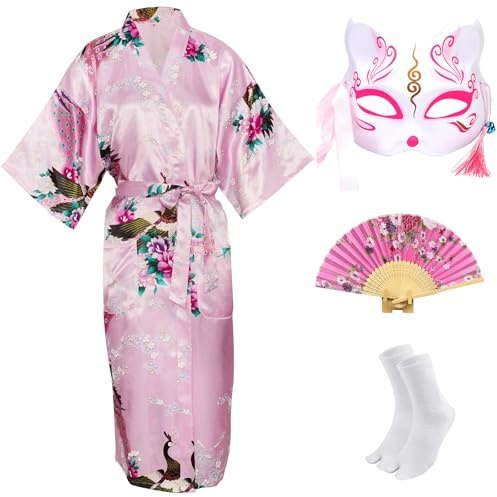 CRFASIBE Vestaglia Giapponese Kimono Donna, Costume da Festa Tradizionale Giapponese, Vestaglia da Pavone, Kimono Maschera Ventaglio a Mano Calzini Set(Rosa,XL)