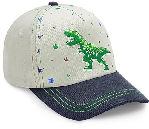 WAWSAM Dinosaur Hat for Boys Ages 4-8 - Embroidered Kids Baseball Hat - Adjustable Cotton Toddler Baseball Cap - Toddler Hats Boys Sun Protection (US, Age, 4 Years, 8 Years, Dinosaur Grey)