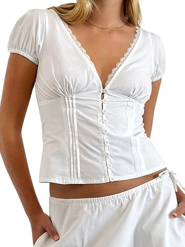 Women's Lace Trim Buton Up Shirt Short Sleeve Deep V Neck Ruched Tee Top Elastic Cuffs Slim Fit Cropped Length Casual Streetwear (A-White, M)