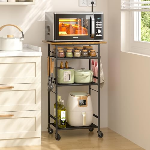 ThreeHio Rolling Kitchen Microwave Cart, 4 Tier Microwave Table Stand with Storage, Kitchen Storage Rack on Wheels, Coffee Station Cart Rack Shelf Organizer for Living Room Office, Balcony