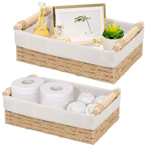 Set di 2 Cesto di Portaoggetti Intrecciato con Maniglia, Cesto Vimini portaoggetti, Cesti Portaoggetti in Stile Boho, Impilabile Organizer, Adatti per Bagno, Camera da Letto e Armadi, Beige