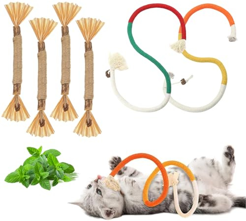 svpfuo 6 Stück Katzenspielzeug, Katzen Spielzeug, Katzenminze Spielzeug, Kauspielzeug Katze, es Eignet Sich für die Zahnpflege von Katzen, das Zähneputzen und das Spielen(4 Beißringe+2 Beißseile)