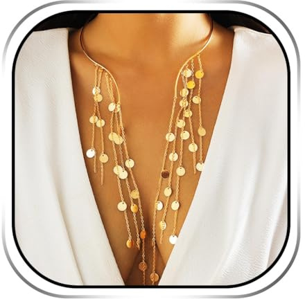 Handcess Boho-Pailletten-Halskette Gold Quaste Halsketten Kette Punk Statement Halskette für Damen