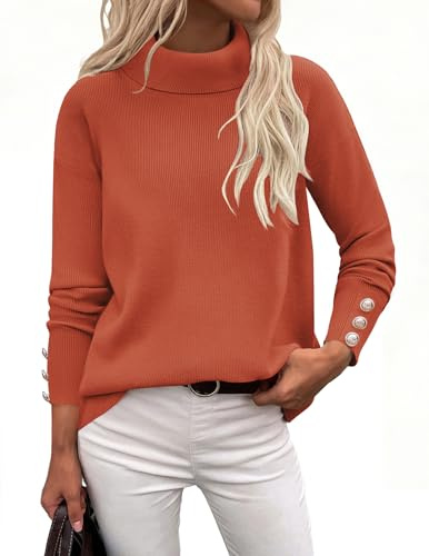 Zeagoo Pull à col roulé pour femme - Manches longues - Chaud - Élégant - Couleur unie - Tricoté - Automne - Hiver - Manchettes avec boutons - S-XXL